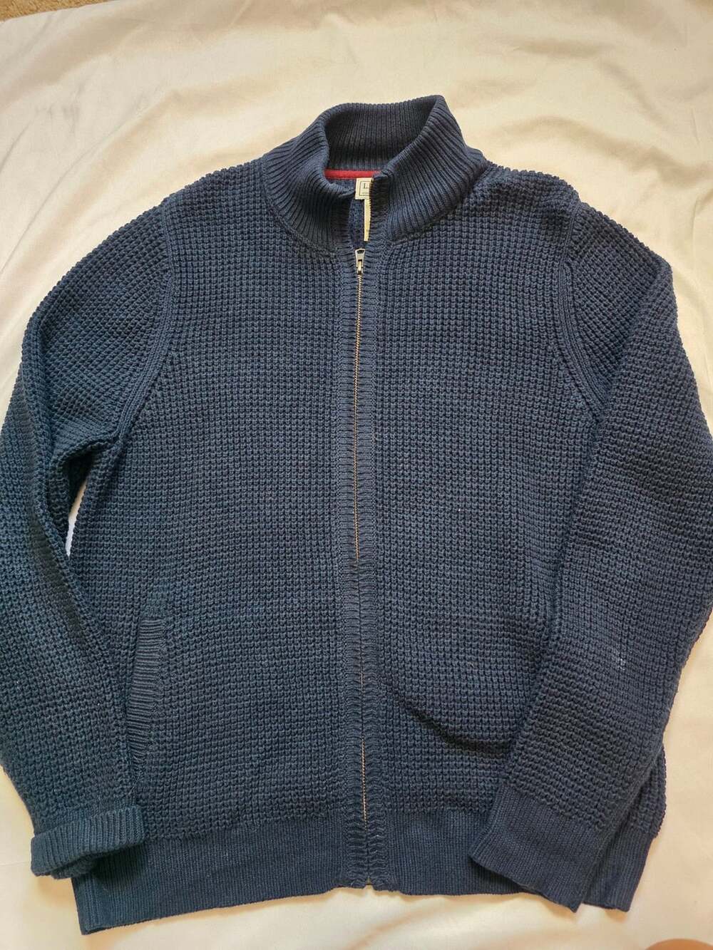 LL Bean Organic Cotton Waffle Knit Full Zip Sweater Blue